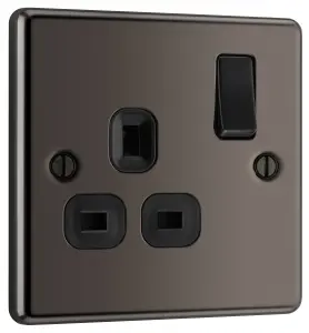 GoodHome Nickel effect Single 13A Gloss Black Socket 1 pole