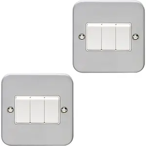 2 PACK 3 Gang Triple Light Switch 2 Way 10A HEAVY DUTY METAL CLAD - White Rocker