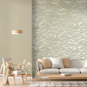 Galerie Slow Living Sand Gold Reflection Metallic Texture Abstract Wave Wallpaper Roll