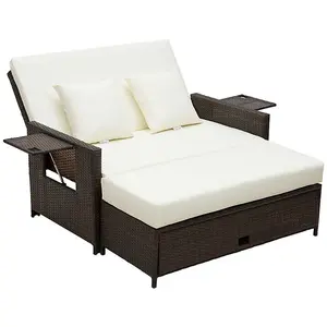 Brown Rattan 2 Seater Sofa Sun Lounger Bed / Stylish Comfort for Outdoor Relaxation