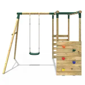 Rebo Wooden Children's Garden Swing Set with Monkey Bars - Single Swing - Solar Green