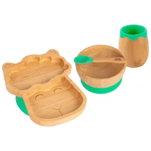 Tiny Dining - Llama Bamboo Suction Baby Feeding Set - Green - 4pc