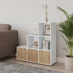 URBNLIVING Height 90.5cm 6 Cube Step Storage White Bookcase and Oak Doors for Home Office Organizer Display Shelf Unit