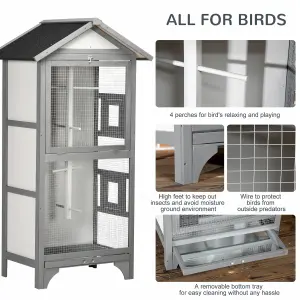 PawHut Wooden Bird Aviary, Outdoor Bird Cage for Finch, Canary w/ Tray - Grey