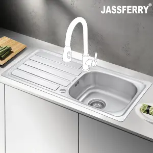 JASSFERRY Stainless Steel Kitchen Sink Single Bowl Reversible with Waste Pipes Clips, 930 x 430 mm