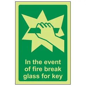 In The Event Of Fire Break Glass For Key Sign - Glow in the Dark - 100x150mm (x3)