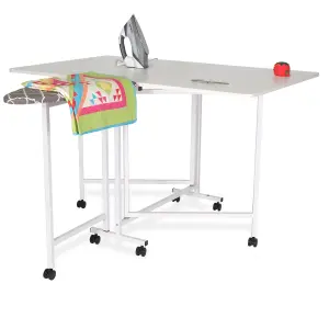 Millie Folding Cutting Table with Integral Ironing Board in White