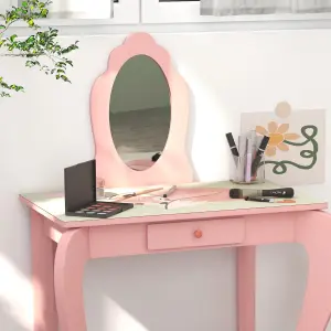 ZONEKIZ Kids Dressing Table with Mirror Stool Drawer, Cute Animal Design, Pink