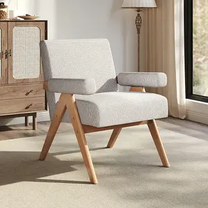 60 x 67 x 83.5cm Beige Linen Upholsteried Armchair with Wooden Legs for Living Room Bedroom