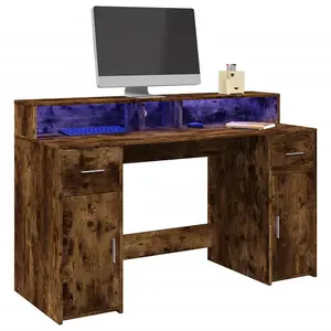 Berkfield Desk with LED Lights Smoked Oak 140x55x91 cm Engineered Wood