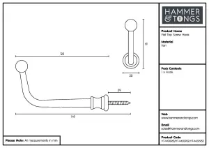 Hammer & Tongs - Flat Top Screw Hook - W20mm x H60mm - Raw