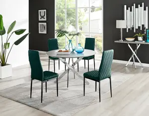 Furniturebox UK Novara Grey Concrete Effect 120cm Round Dining Table & 4 Green Velvet Milan Black Leg Chairs