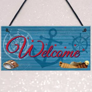 Red Ocean Welcome Nautical Seaside Marine Themed Home Gift Hanging Plaque Bedroom Bathroom Boat Sign