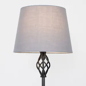 ValueLights Memphis Traditional Style Black Barley Twist Floor Lamp with Grey Tapered Light Shade - with LED GLS Bulb