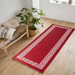 Machine Washable Greek Key Design Anti Slip Doormats Red White 57x90 cm