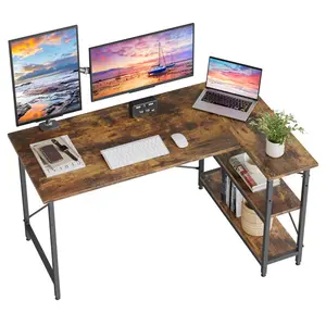 L-Shaped Desk (120 or 140cm x 90cm) Corner Desk with Adjustable Shelves by Aliff Rustic Brown / 74cm H x 140cm W x 90cm D