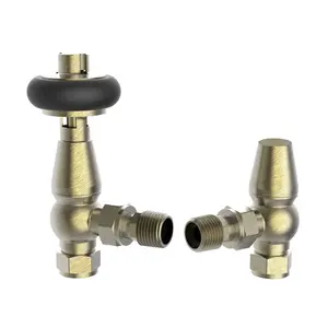 Pair of Brushed Brass Wooden Head Angled Thermostatic Radiator Valves