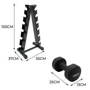 Neoprene Dumbbell Set with 6 Tier A Frame Rack 4-10kg Fitness Workout Weights