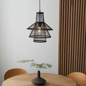 Luminosa Minato Single Pendant Ceiling Lamp, Dark Bamboo, Matt Black