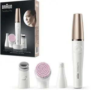 Braun Facespa Facial Epilator For Women, Hair Removal With Facial Cleansing Brush Head, Toning Head And Charger Stand, Wet And Dry, SE912, White