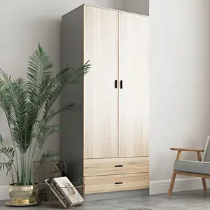 URBNLIVING 180cm Tall Wooden 2 Door Wardrobe Grey Carcass and Oak Drawers With 2 Drawers Bedroom Storage Hanging Bar Clothes