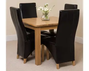 Oslo 90 x 90 cm Oak Small Dining Table and 4 Chairs Dining Set with Lola Black Leather Chairs