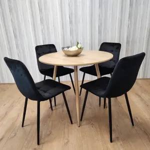 Round Oak Effect Kitchen Dining Table With 4 Black Velvet Tufted Chairs Dining Set