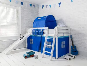 Moro Cabin Bed with Slide and Brilliant Blue Cotton Tent, Tower & Tunnel in White