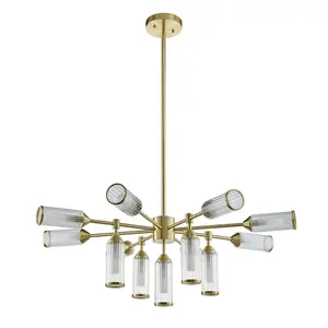 Luminosa Trieste Multi Arm Pendant Ceiling Light Satin Brass Plate, Clear, Frosted Glass