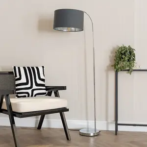 ValueLights Curva Chrome Arched Floor Lamp with Charcoal and Metallic Chrome Inner Drum Lamp Shade & Bulb