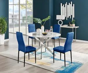 Furniturebox UK Novara White Marble 120cm Round Dining Table & 4 Navy Velvet Milan Black Leg Chairs