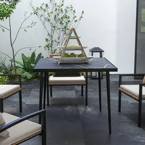 Outsunny Outdoor Dining Table for 4 with Marble Effect Tempered Glass Top Black