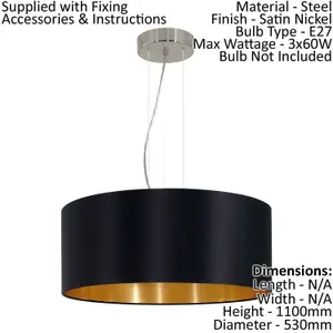 Pendant Ceiling Light Colour Satin Nickel Steel Shade Black Gold Fabric Bulb E27 3x60W