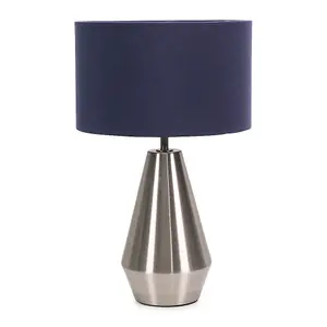 ValueLights Jax Silver Metal Touch Dimmer Table Lamp with Navy Blue Drum Shade