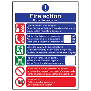 Fire Action Discovery Multi-Language Contact Safety Sign - Adhesive Vinyl - 200x300mm (x3)