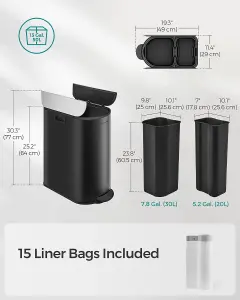 SONGMICS Double Compartment Kitchen Bin, Twin Slim Trash Can for Recycling and Waste, Pedal Bin, Ink Black and Silver