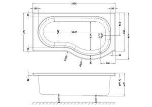 P Shape Right Hand Shower Bath Tub with Leg Set - 1500mm