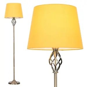 ValueLights Memphis Traditional Style Antique Brass Barley Twist Floor Lamp with Mustard Light Shade