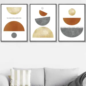 Set of 3 Orange, Gold and Grey Abstract Mid Century Geometric Wall Art Prints / 50x70cm / Dark Grey Frame