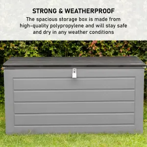 Outdoor Garden Storage Box Plastic Shed - Weatherproof & Sit On with Wood Effect Chest (680L, Anthracite)