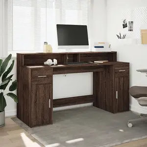 Berkfield Desk with LED Lights Brown Oak 160x55x91 cm Engineered Wood