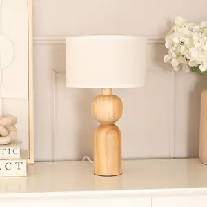 ValueLights Azalea Rustic Wooden Table Lamp with Linen White Trimmed Drum Shade and LED Bulb