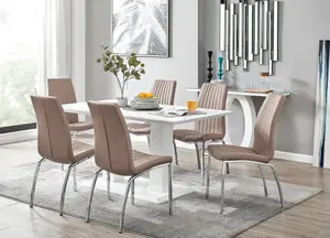 Imperia White High Gloss 6 Seater Dining Table with Structural 2 Plinth Column Legs 6 Beige Stitched Faux Leather Isco Chairs