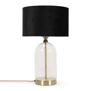 ValueLights Jessy Glass and Gold Metal Bedside Table Lamp with a Black Velvet Lampshade