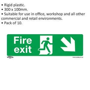 10 Pack of Rigid Plastic Fire Exit Down Right Safety Signs - 300 x 100mm