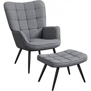 Yaheetech Dark Grey Modern Fabric Accent Chair with Tufted High Back and Ottoman Set