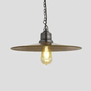 Industville Brooklyn Flat Pendant, 15 Inch, Brass, Pewter Chain Holder