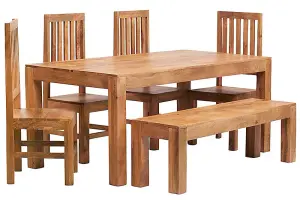 Hommoo Light Mango Wooden Dining Set With 6 Ft Dining Table With Bench & 4 Slatted Chairs