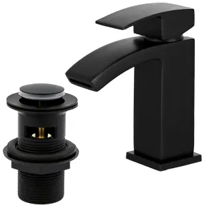 BATHWEST Matte Black Brass Single Lever Waterfall Clackroom Taps for Bathroom Single Hole with UK Standard Hose