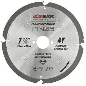 Saxton PCD1904T PCD Circular Saw Blade, 190mm x 4 Teeth Polycrystalline Diamond Tipped Fibre Cement Board, Hard Materials